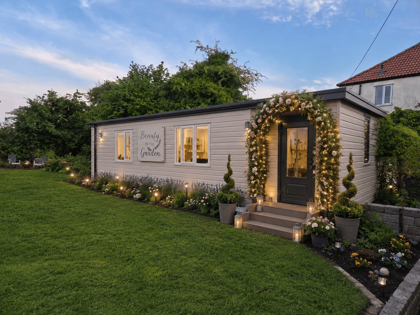 Exterior of the Beauty in the Garden spa, set among trees and garden planting